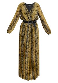 Robe à manches longues avec un décolleté en V profond, arborant un imprimé serpent jaune et noir. Design plissé avec une taille ceinturée noire, texture de tissu douce.
