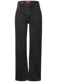 Svart högmidjad denimbyxor med vida ben. Har snedställda framfickor och subtila sömnadsdetaljer. Mjuk textur.