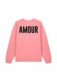 Sweat-shirt rose à manches longues, avec une inscription noire "AMOUR" au dos. Tissu doux et poignets et ourlet côtelés.