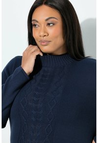 Maglione in maglia blu navy con collo alto e dettagli a motivo a trecce lungo il petto. Texture morbida, maniche lunghe e vestibilità rilassata.