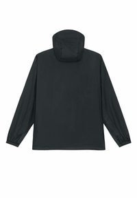 Schwarze leichte Jacke mit langen Ärmeln und angesetzter Kapuze, von hinten auf weißem Hintergrund gezeigt.