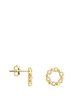 Clous d'oreilles en or en forme de cercle avec des perles polies alternées et de petits pierres précieuses transparentes.