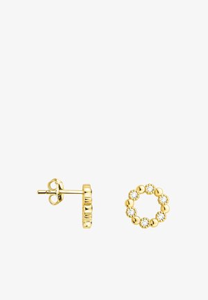 Clous d'oreilles en or en forme de cercle avec des perles polies alternées et de petits pierres précieuses transparentes.