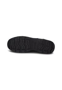 Suela de zapato de goma negra con un patrón de textura en la banda para mayor agarre. Presenta un logo de WODEN en la entresuela para la marca.