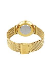 Gold mesh-Armbanduhr mit runder Gehäuseform, polierter goldener Oberfläche und silbernem Rücken mit graviertem Logo und integriertem Verschluss.