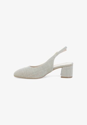 Scarpa slingback in tessuto grigio chiaro con tacco a blocco e punta appuntita, con motivo testurizzato e cinturino regolabile.