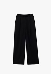 Zwarte wijde broek van lichtgewicht stof, met een ceintuur in de taille en twee voorzakken. Soepele textuur met een op maat gemaakte uitstraling.