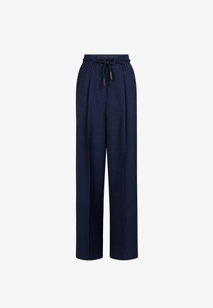 Himmelblau hochtaillierte weit geschnittene Hose mit Falten und einem geflochtenen Seilgürtel, der an der Taille zu einer Schleife gebunden ist.