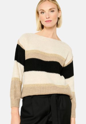 Strickpullover mit horizontalen Streifen in Beige, Schwarz und Creme. Lockerer Schnitt mit weitem Ausschnitt und 3/4-Ärmeln.