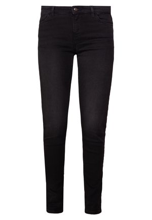 Mustat farkut slim-fit -leikkauksella, joissa on klassinen viisi-taskumalli, nappikiinnitys ja vähäiset ompeluyksityiskohdat. Sileä rakenne.