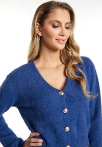 Blauwe fuzzy cardigan met een V-hals ontwerp, voorzien van vijf zilveren knopen aan de voorkant en lange mouwen. Zachte textuur met een casual pasvorm.