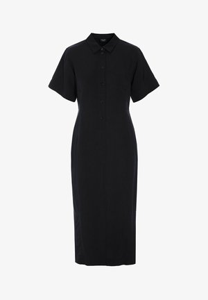 Vestido midi negro con mangas cortas, cierre de botones en la parte delantera y cuello puntiagudo, hecho de tela suave.