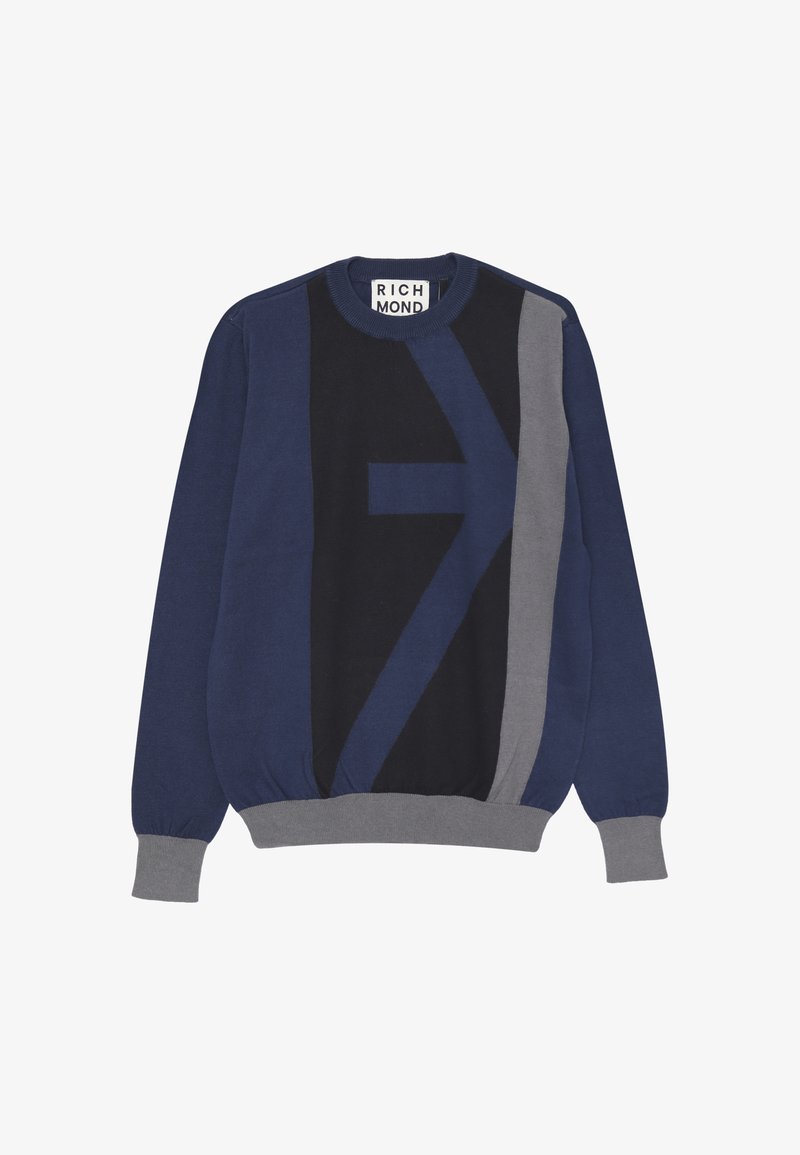 Felpa in maglia blu navy e grigia con un design geometrico, pannelli a contrasto, polsini e orlo a costine. Stile classico con collo a girocollo.