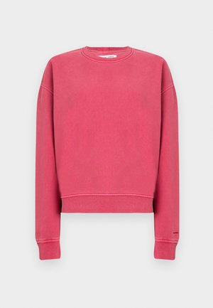 Bright pink crewneck sweatshirt with long sleeves and ribbed cuffs and waistband, shown flat against a plain background.