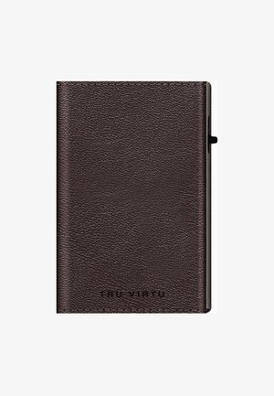 Dark brown leather cardholder with a textured finish, featuring a subtle logo and a sleek, slim design. Closed with a side tab.