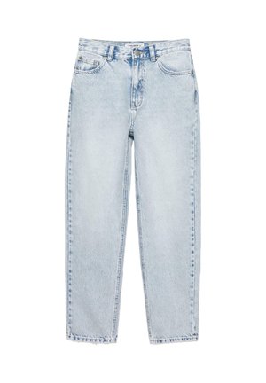 Világoskék, magas derekú, egyenes szárú farmernadrág elülső gombbal, cipzárral, övhurkokkal és ötlovas zsebes kialakítással.