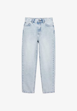 Világoskék, magas derekú, egyenes szárú farmernadrág elülső gombbal, cipzárral, övhurkokkal és ötlovas zsebes kialakítással.