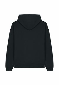 Felpa nera con cappuccio, colletto tondo, maniche lunghe e polsini e orlo a coste. Tessuto liscio senza modelli o rifiniture visibili.