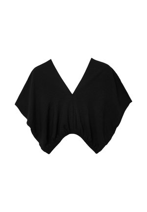 Blusa nera corta con profondo scollo a V, maniche corte larghe e orlo arricciato con elastico in vita, esposta su sfondo bianco.