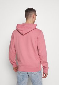 Felpa con cappuccio rosa con orlo e polsini a coste, caratterizzata da una vestibilità rilassata e una texture morbida. Vista da dietro su uno sfondo semplice.