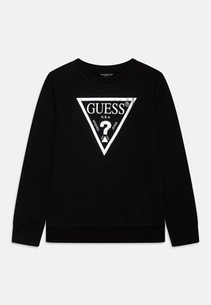 Sweat-shirt noir en coton, avec un grand logo triangulaire argenté sur le devant. Les manches longues et les poignets côtelés complètent le design.