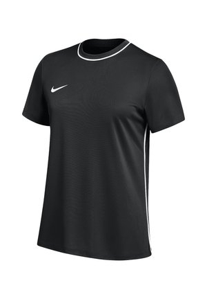 Camiseta deportiva negra de manga corta con cuello redondo con borde blanco, rayas blancas en los costados y logo blanco de Nike en el pecho.