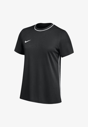Zwart sport-T-shirt met korte mouwen, ronde kraag met witte bies, witte zijstrepen en wit Nike-logo op de borst.