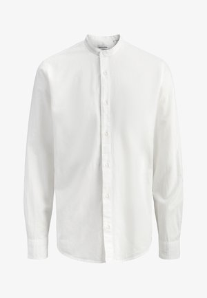 Bela srajca z dolgimi rokavi z mandarinim ovratnikom in sprednjo zapenjavo na gumbe, narejena iz gladkega, enobarvnega blaga in s prilegajočimi manšetami.