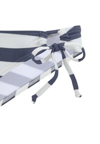 Pruhovaný bikiny top v námorníckej modrej a bielej farbe, so sťahovaním na šnúrku a textúrovanou látkou, s kontrastným prešitím.