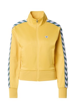 Gele jas met ritssluiting en hoge kraag, contrasterende groene en witte chevronstrepen op de mouwen en een logo op de linkerborst.