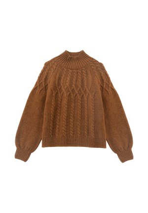 Suéter de punto marrón con un alto cuello de canalé, presenta patrones de punto en relieve y mangas abullonadas. Material suave y acogedor de mezcla de lana.