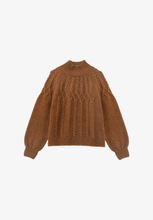 Brązowy sweter akrylowy z wysokim ściśniętym kołnierzem, zdobiony strukturalnymi wzorami w warkocz i bufkami na rękawach. Wykonany z miękkiego, przytulnego materiału z mieszanki wełny.