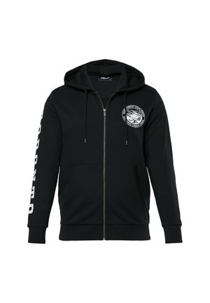 Černá mikina na zip vyrobená z bavlněné směsi. Obsahuje přední kapsy, kapuci na šňůrku a bílé potiskované grafiky na rukávu a hrudi.