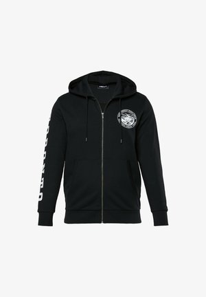 Schwarze Zip-Hoodie aus Baumwollmischgewebe. Mit Fronttaschen, Zugbandkapuze und weißen Druckgrafiken auf dem Ärmeln und der Brust.