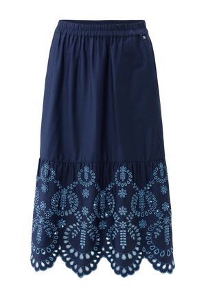 Falda azul marino con cintura elástica y dobladillo festoneado que presenta bordado floral en azul claro y detalles recortados.