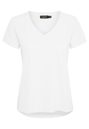 Valge V-kaelusega t-särk lühikeste varrukatega. Valmistatud pehmest kangast, millel on sile tekstuur. Kumer alläär lisab vabamat istuvust. Minimalistlik disain.