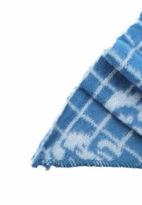 Sciarpa blu realizzata in materiale morbido, con un motivo scozzese e accenti di blu più chiaro, con bordi frangiati per aggiungere texture.
