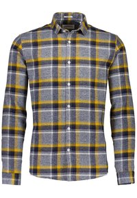 Lange mouwen geruite shirt in blauw, geel en grijs. Zachte stof met knoopsluiting en standaard kraag. Bevat een groot ruitpatroon.