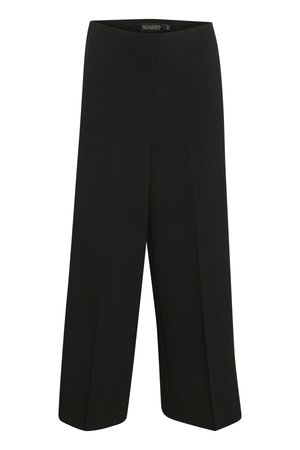 Černé culottes vyrobené z hladké látky, s širokými nohavicemi, bez viditelných kapes a plochým páskem s logem.