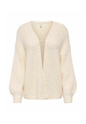 Kremfarvet strikket cardigan med lange, let puffede ærmer og åben front.
