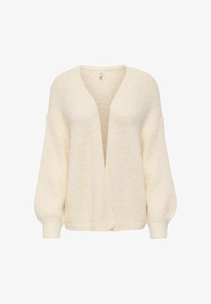 Kremfarvet strikket cardigan med lange, let puffede ærmer og åben front.