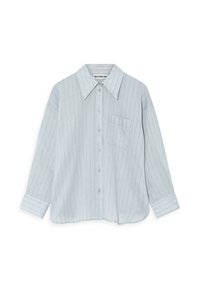 Light blue button-up shirt with vertical stripes, spread collar, long sleeves, a chest pocket, and a relaxed fit. Made of soft fabric.