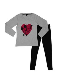 Gray long-sleeve top with a pink heart graphic featuring two cartoon characters, paired with black leggings. Soft fabric and casual fit.