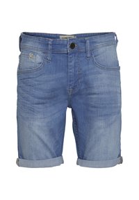 Denimshorts i lyseblå, med en klassisk fem-lomme-design, oppbrettede ermer og glidelås. Stoffet har en jevn tekstur med svak falming.