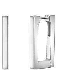 Sudraba metāla auskari gredzenveidā ar taisnstūrveida formu, ar gludu virsmu un droša sprādze dizainu.