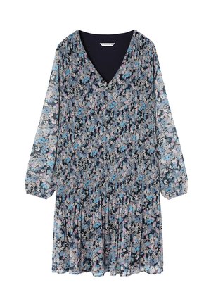 Vestido floral de manga larga, con escote en V, diseño plisado, en colores predominantemente azul, negro y rosa, que presenta una silueta suelta y fluida.