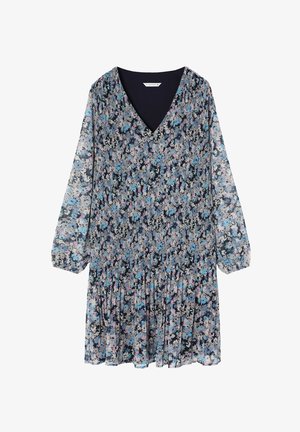 Kwiatowa sukienka z długim rękawem, dekoltem w kształcie litery V, w plisowanym wzorze, w przeważającej mierze niebieska, czarna i różowa, prezentująca luźną, swobodną sylwetkę.