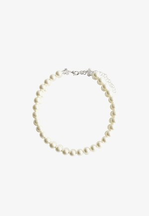 Pearl necklace featuring round, white pearls with smooth surfaces, linked by silver hardware and an adjustable chain for length.