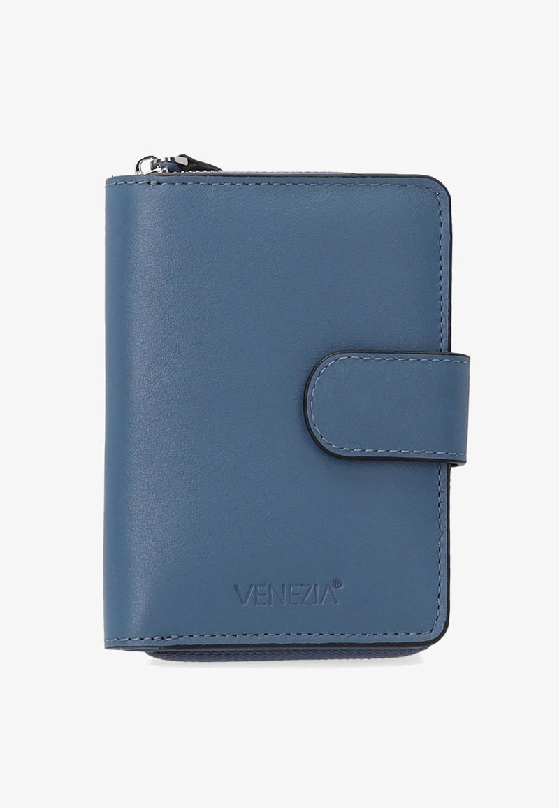 Blåt læderpung med en glat tekstur, udstyret med en lynlås og en trykknaplukning. Præget "VENEZIA"-logo på forsiden.