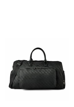 Sac polochon noir avec motif embossé, doubles poignées, poche zippée avant et bandoulière réglable avec nom de marque visible.
